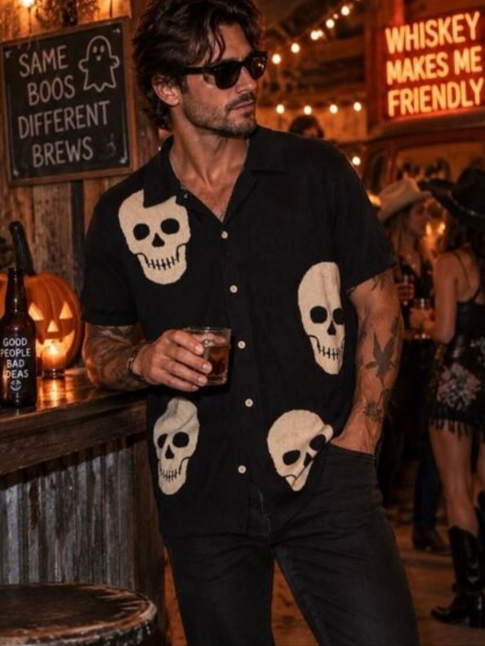 Retrofit Black Skulls Short Sleeve Button-Down Sweater NWT